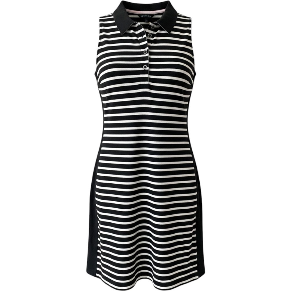 Lands End Womens Sleeveless Polo Dress Navy Pink Striped Petite Large Preppy